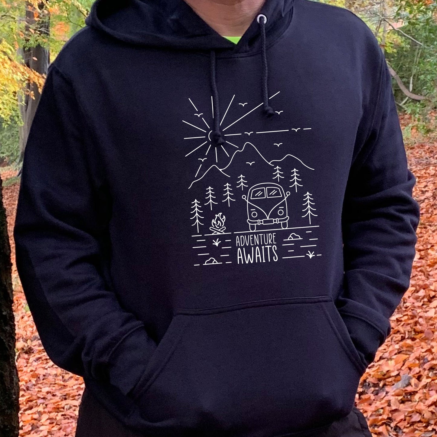 VW Camper Van Adventure Awaits into the mountains Mens/Unisex Hoodie